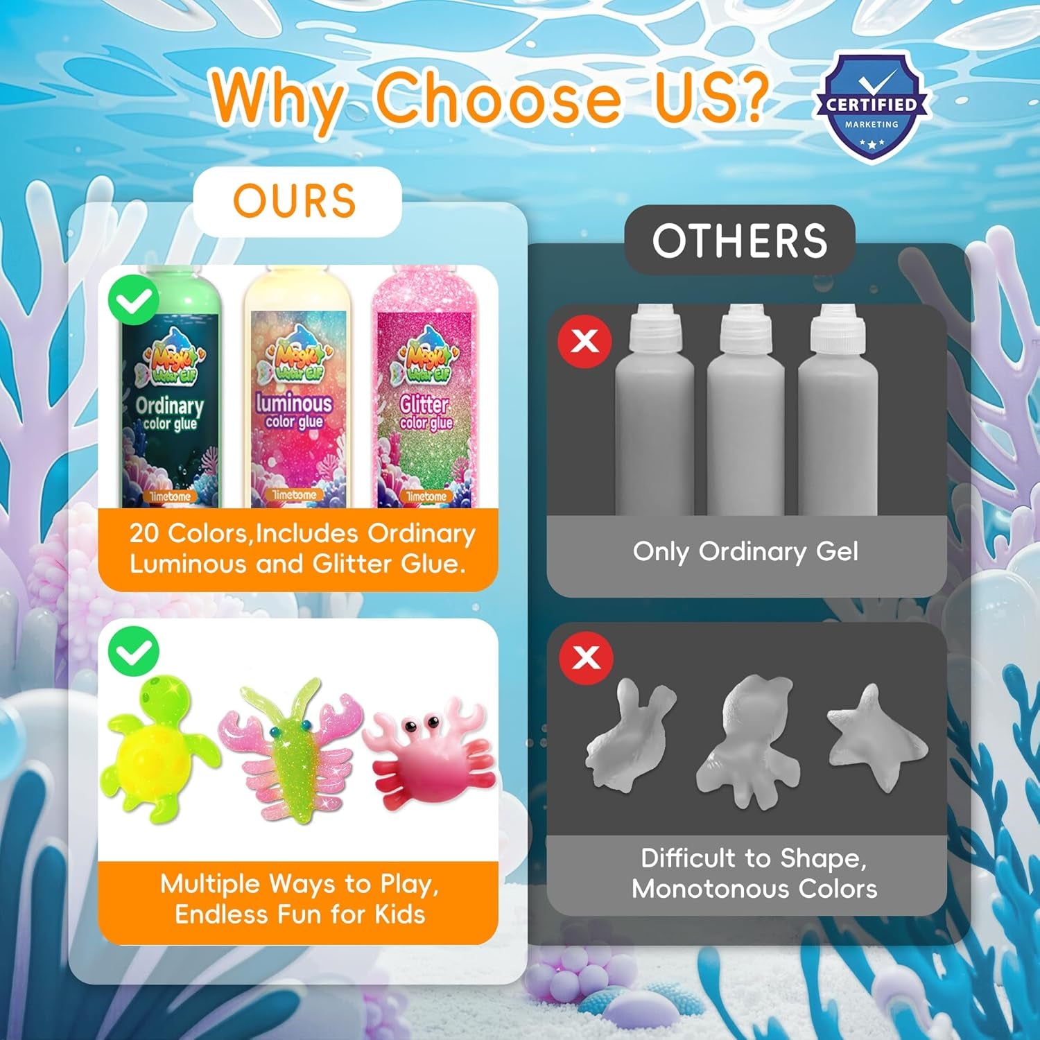 Magic Water Elf Toy Kit for Kids – 20 Gels (11 Standard + 6 Glitter + 3 Glow) & 10 Molds, DIY Squishy Maker, Aqua Fairy Gel Toys, Night Glow & Glitter, Valentine Gifts for Boys & Girls 3+