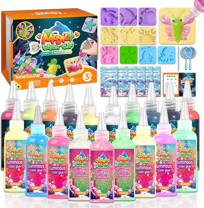 Magic Water Elf Toy Kit for Kids – 20 Gels (11 Standard + 6 Glitter + 3 Glow) & 10 Molds, DIY Squishy Maker, Aqua Fairy Gel Toys, Night Glow & Glitter, Valentine Gifts for Boys & Girls 3+