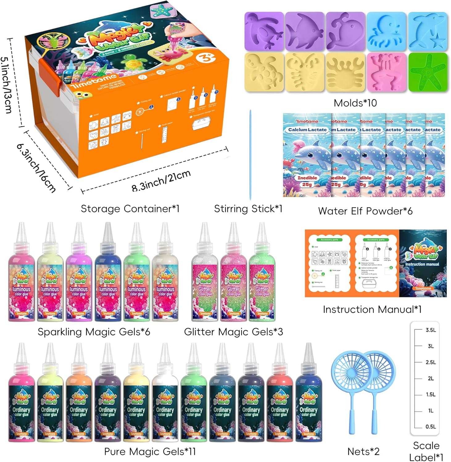 Magic Water Elf Toy Kit for Kids – 20 Gels (11 Standard + 6 Glitter + 3 Glow) & 10 Molds, DIY Squishy Maker, Aqua Fairy Gel Toys, Night Glow & Glitter, Valentine Gifts for Boys & Girls 3+